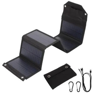 Panel Solar Portátil Almalux® Plegable 60W – 6 Paneles, 2 Salidas USB, Mosquetones y Cable 3 en 1 (Tipo-C, Lightning, MicroUSB)