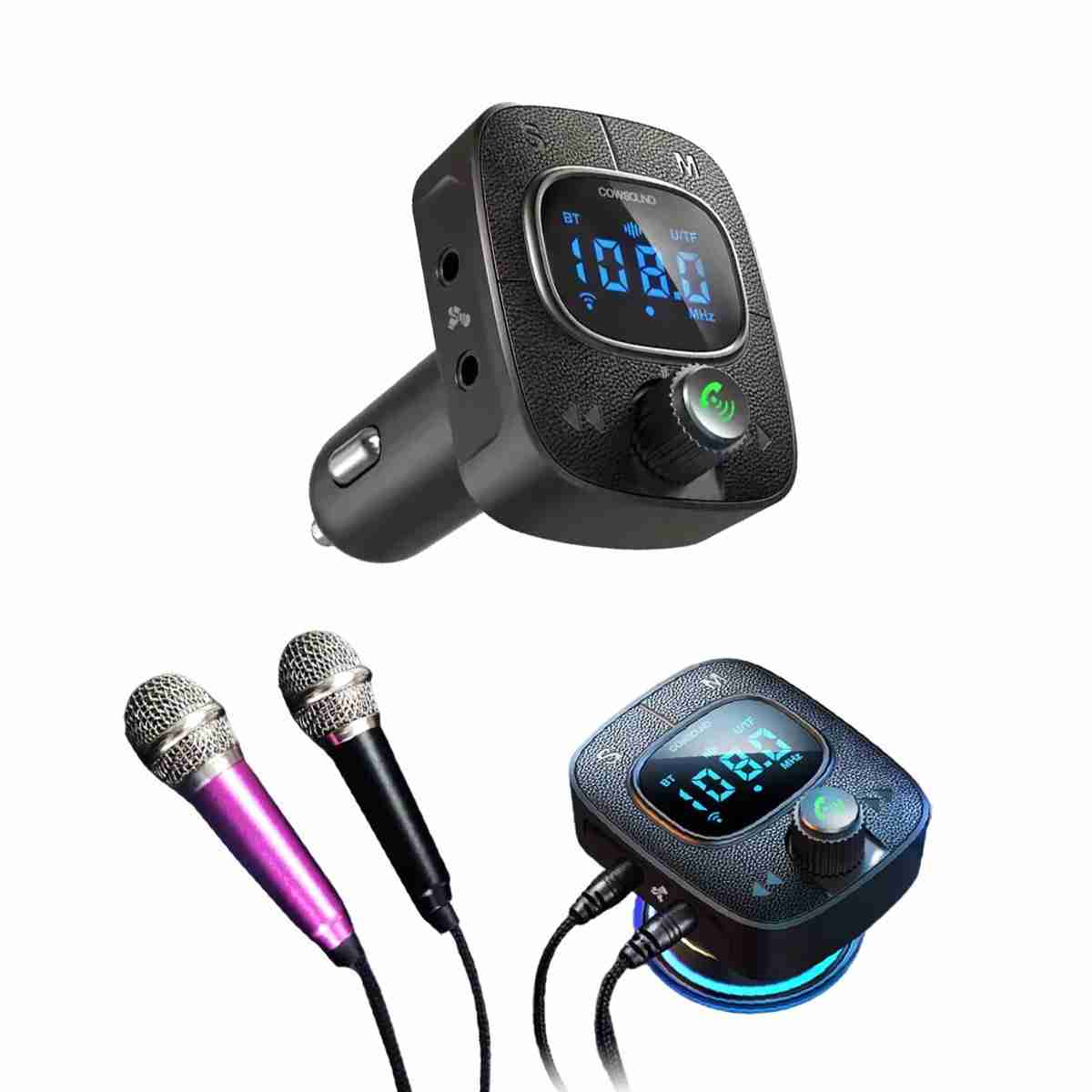 Transmisor FM/Cargador Almalux® con Bluetooth para coche con Karaoke - USB - pantalla digital y carga rápida QC 3.0 (Incluye 2 mini micrófonos)